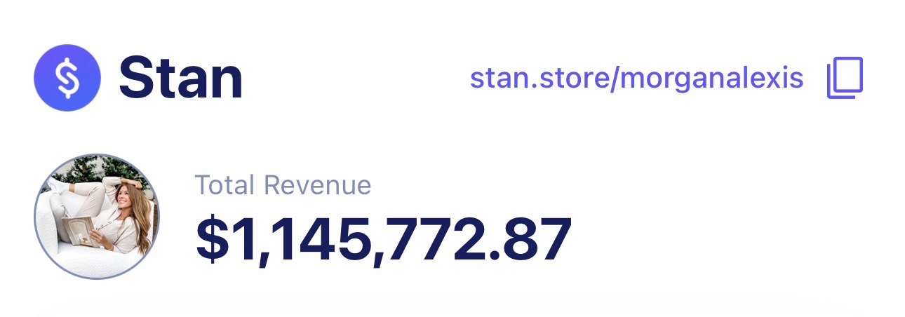 Stan storefront showing $1,145,772.87 in total revenue